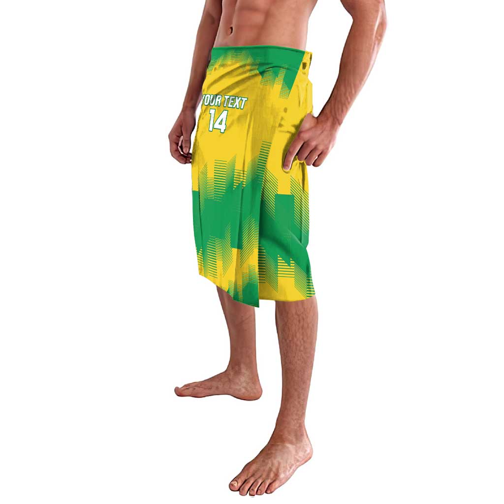 Yellow and green rugby shorts with 'YOUR TEXT 14' print, side view