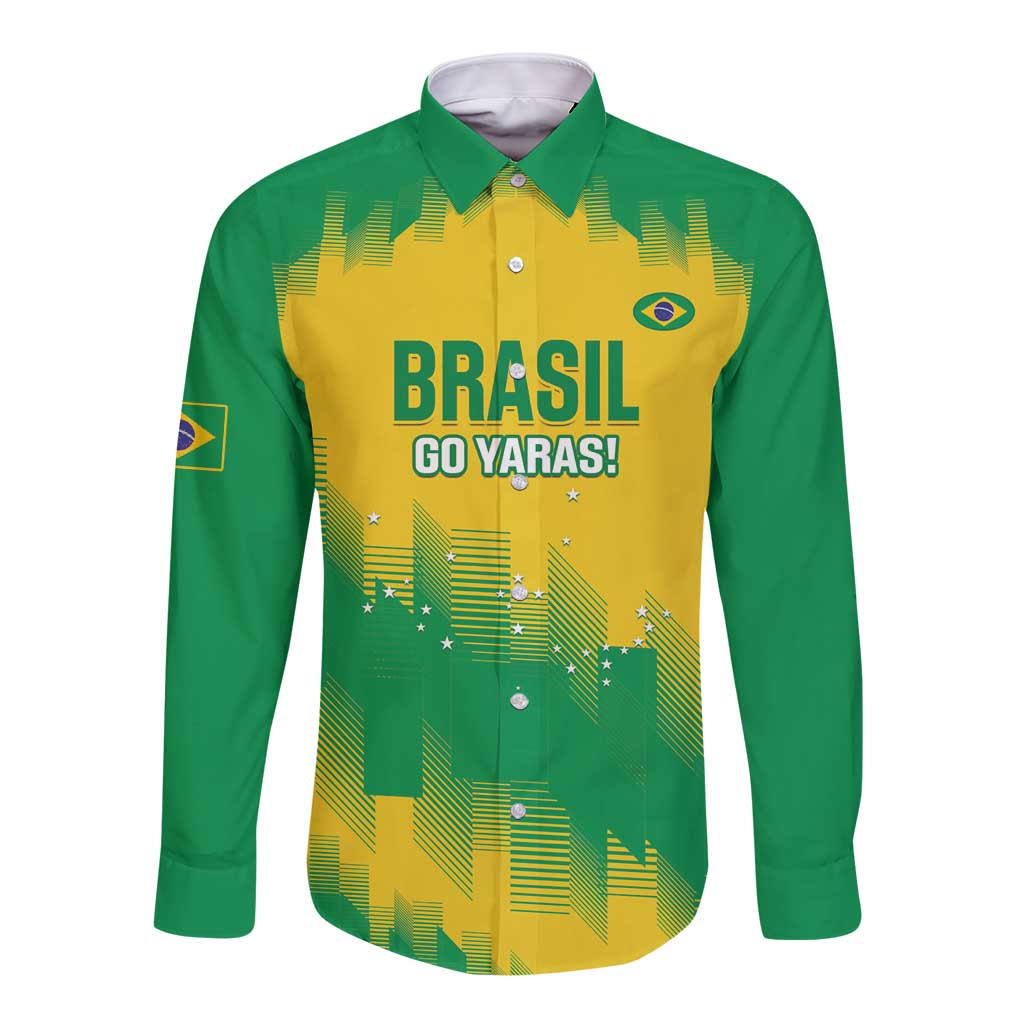 Green and yellow long-sleeve button rugby shirt with 'BRASIL GO YARAS!' front print