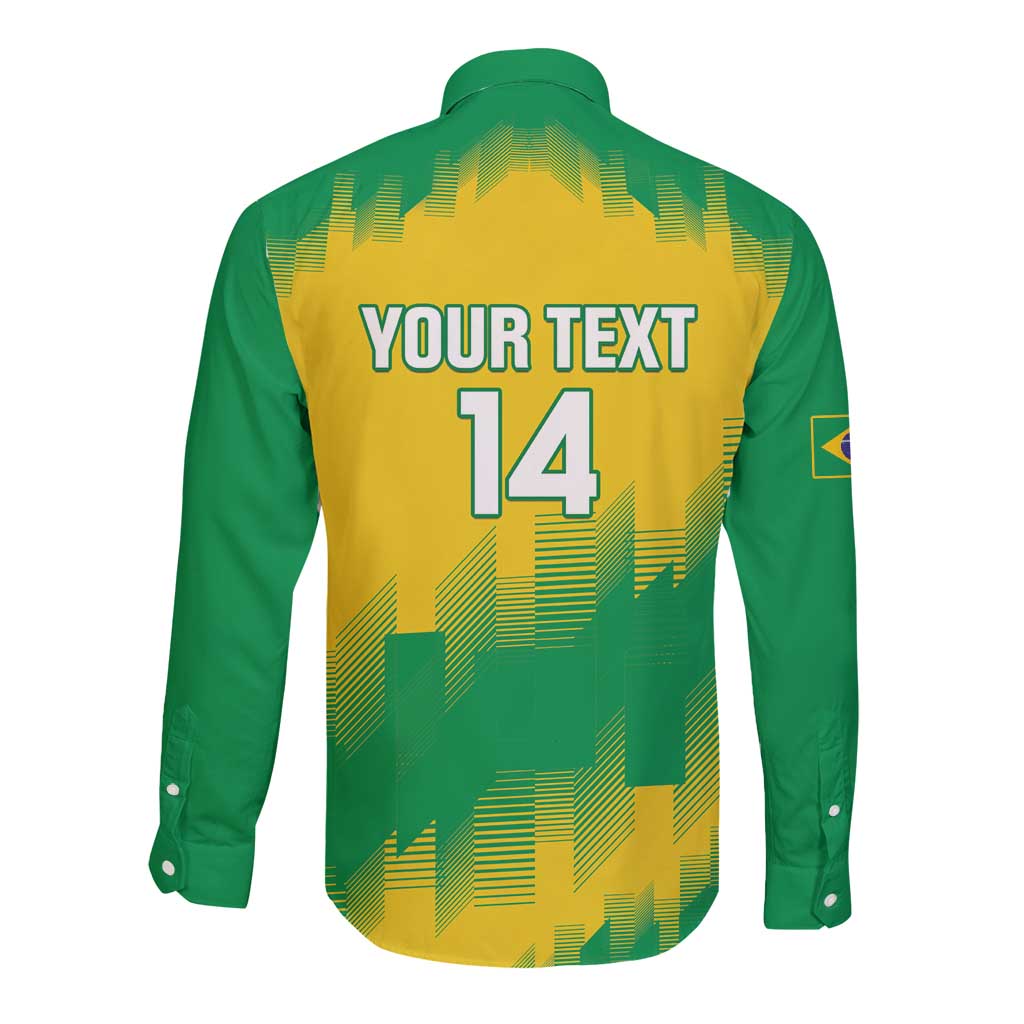 Green and yellow long-sleeve button rugby shirt, back 'YOUR TEXT 14' graphic