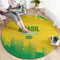 Round Brasil GO YARAS! area rug, yellow center with green bottom and stars