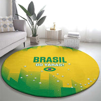 Round yellow and green Brasil GO YARAS! rug with large text and star accents