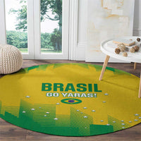 Round yellow Brasil GO YARAS! rug with green Brazil flag shape and small stars