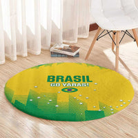 Round yellow and green Brasil GO YARAS! rug, full graphic with stars and stripes