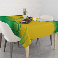 Green and yellow geometric rugby tablecloth with corner drape on dining table