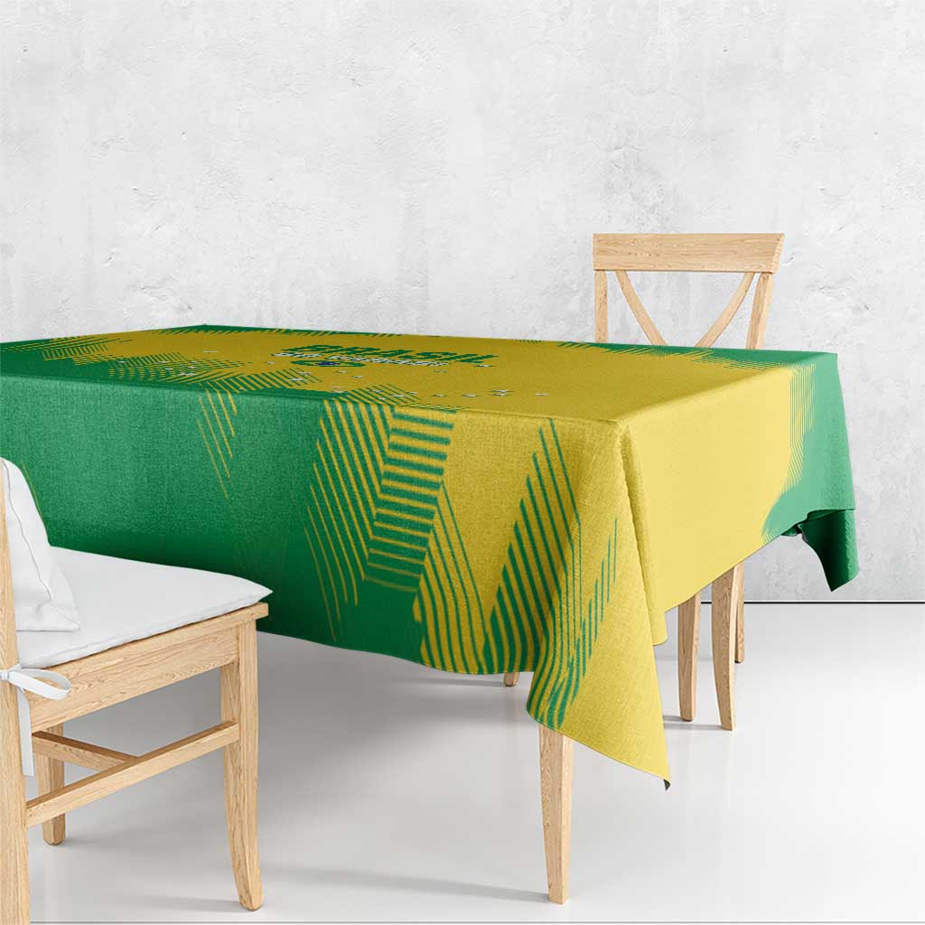Geometric green and yellow rugby tablecloth over bench table with hanging edges