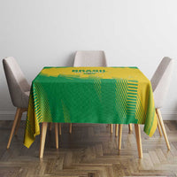 Green-and-yellow rugby tablecloth featuring a 'BRASIL' graphic on the tabletop
