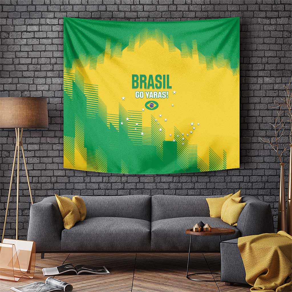 Green and yellow Brasil wall tapestry with bold 'BRASIL GO YARAS!' lettering