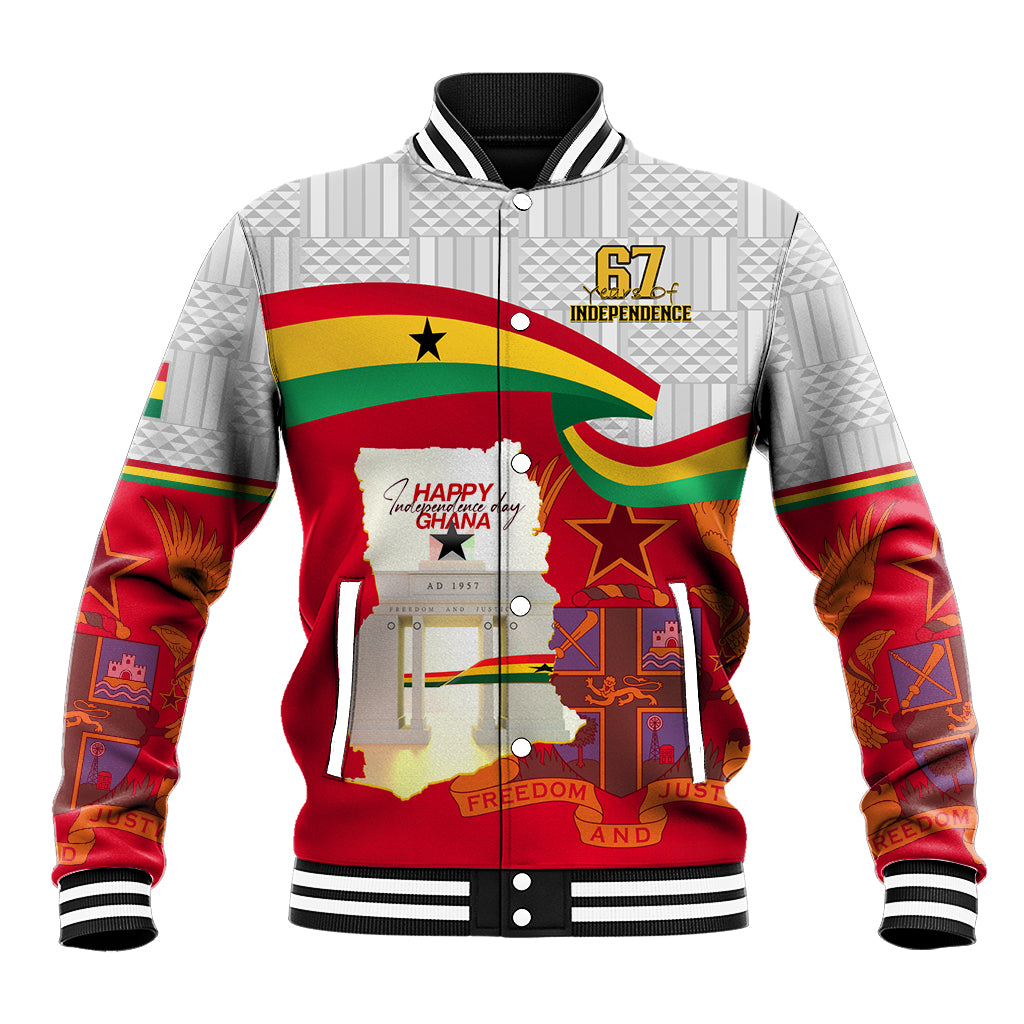 Baseball jacket with Ghana-themed graphic, red and gray with striped ribbed collar.