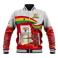 Baseball jacket with Ghana-themed graphic, red and gray with striped ribbed collar.