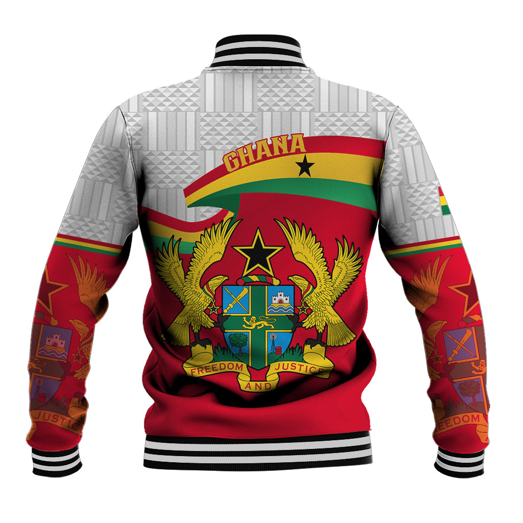 Back view baseball jacket with Ghana flag crest, red hem and gray patterned sleeves.