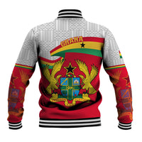 Back view baseball jacket with Ghana flag crest, red hem and gray patterned sleeves.