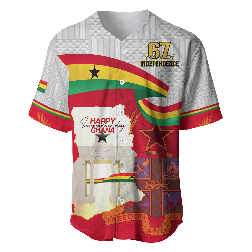 Red baseball jersey with Ghana flag and map graphic, 67 Independence logo on front