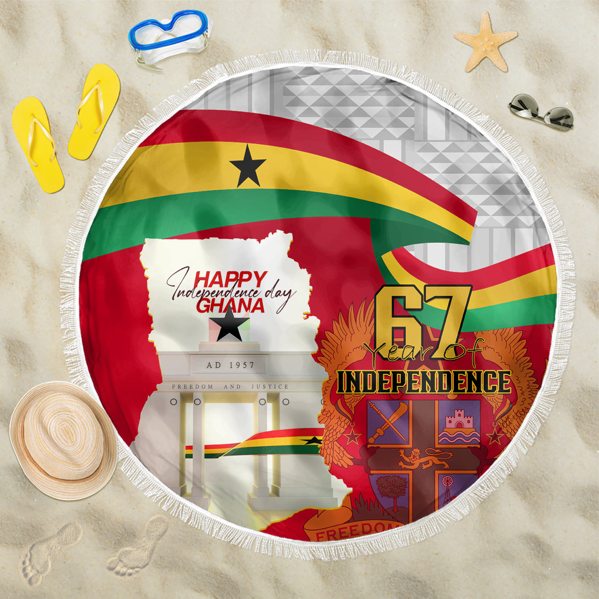 Round red Ghana map beach blanket with Happy Independence Day text, 67 graphic, fringe