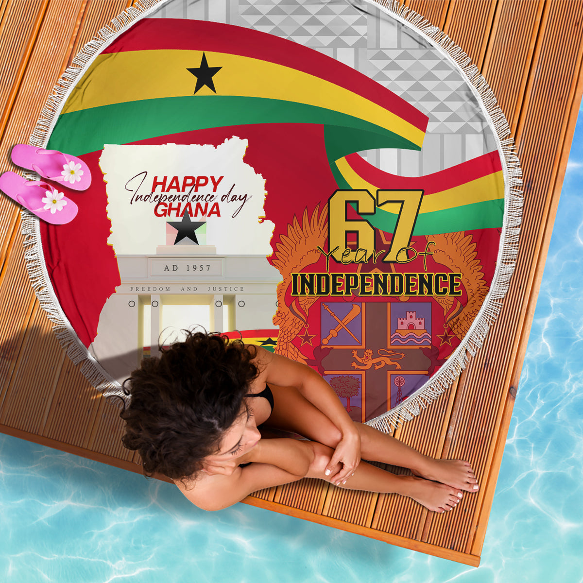 Red Ghana map beach blanket with flag stripes, 67 Independence graphic and fringe edge