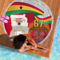 Red Ghana map beach blanket with flag stripes, 67 Independence graphic and fringe edge