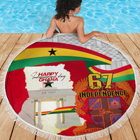 Round red Ghana Independence Day beach blanket with flag stripe banner and fringed edge