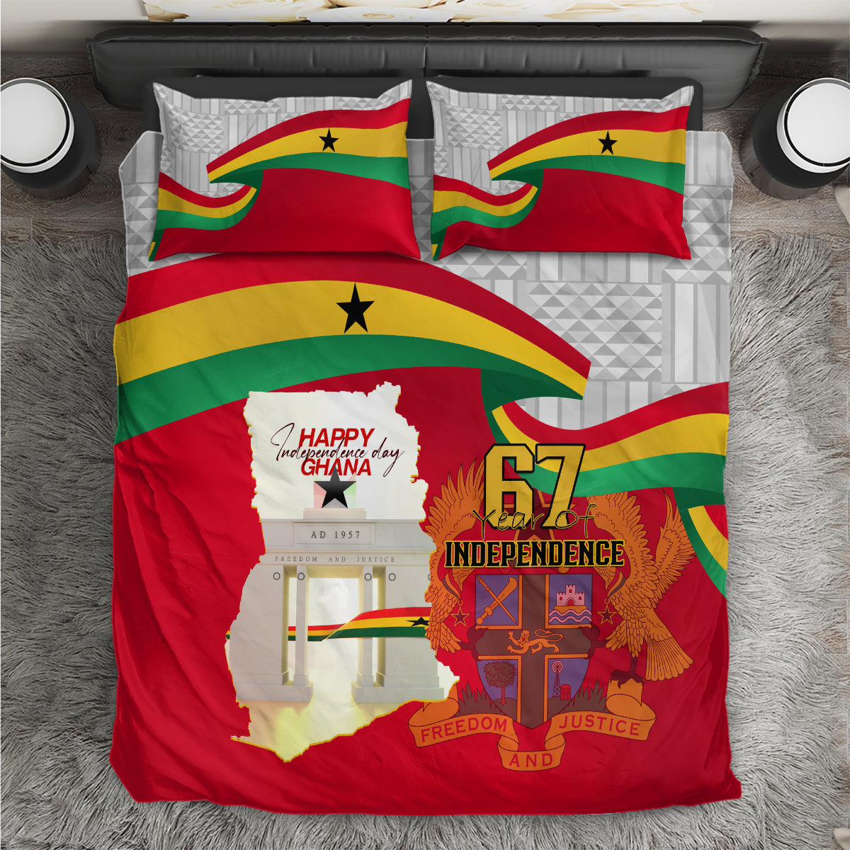 Ghana flag bedding set on bed: red duvet, two flag pillows, 67 Independence artwork