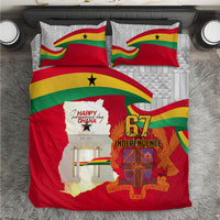 Ghana flag bedding set on bed: red duvet, two flag pillows, 67 Independence artwork