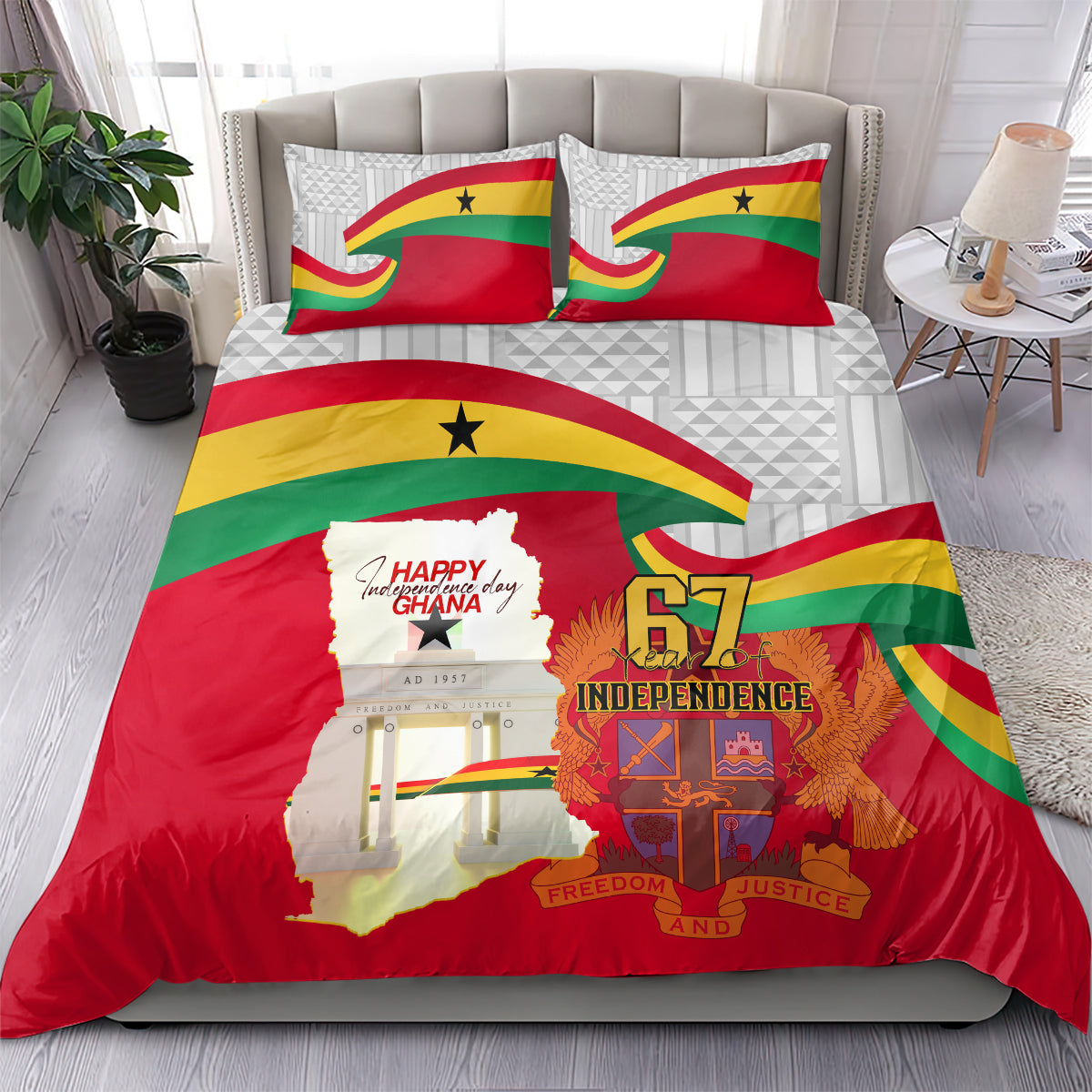 Ghana flag bedding set with red duvet, quilted white backing, 67 Independence graphic
