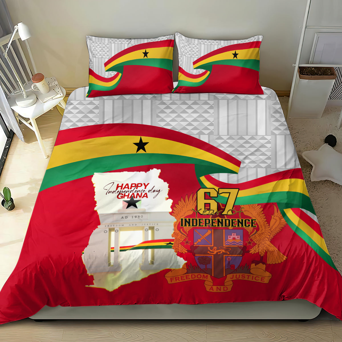 Ghana flag independence bedding set with red duvet, green-and-yellow stripes, 67 graphic