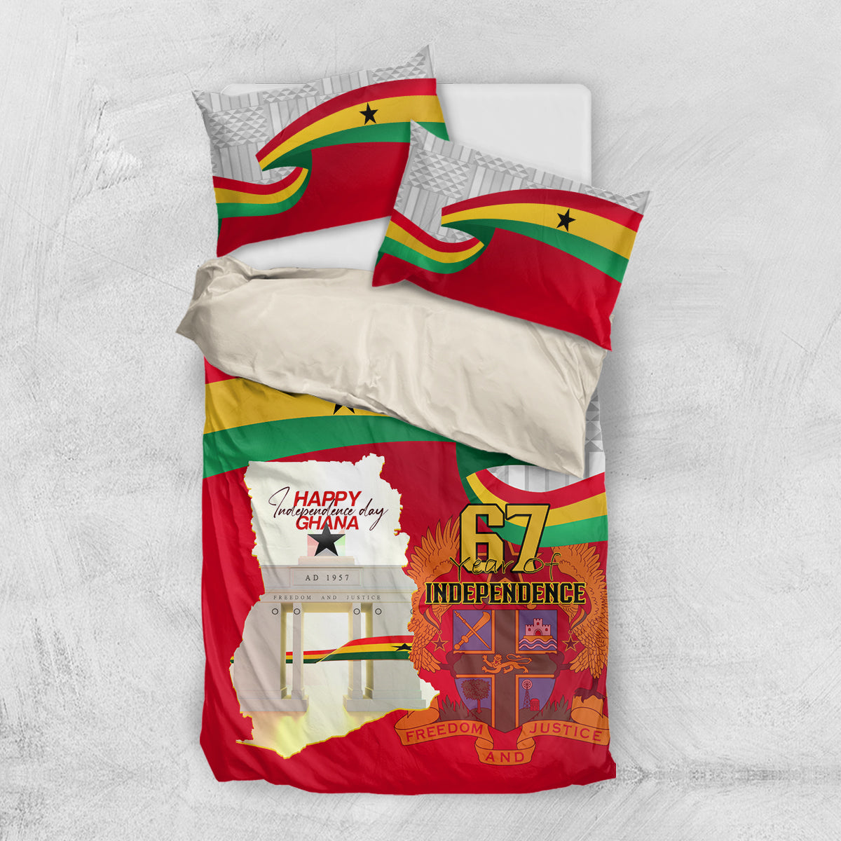 Ghana flag bedding set with red duvet, three-piece layout, 67 Independence design