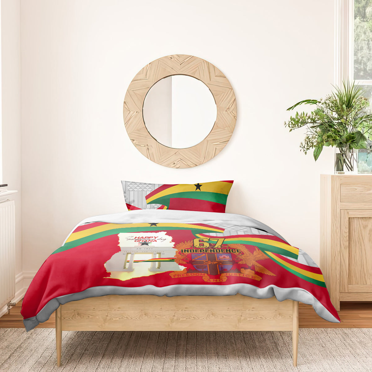 Ghana flag bedding set with red duvet and two pillows, 67 Independence center print