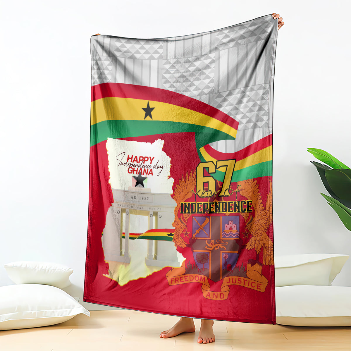 Red Ghana Independence blanket draped, featuring Ghana map and flag with “67” emblem