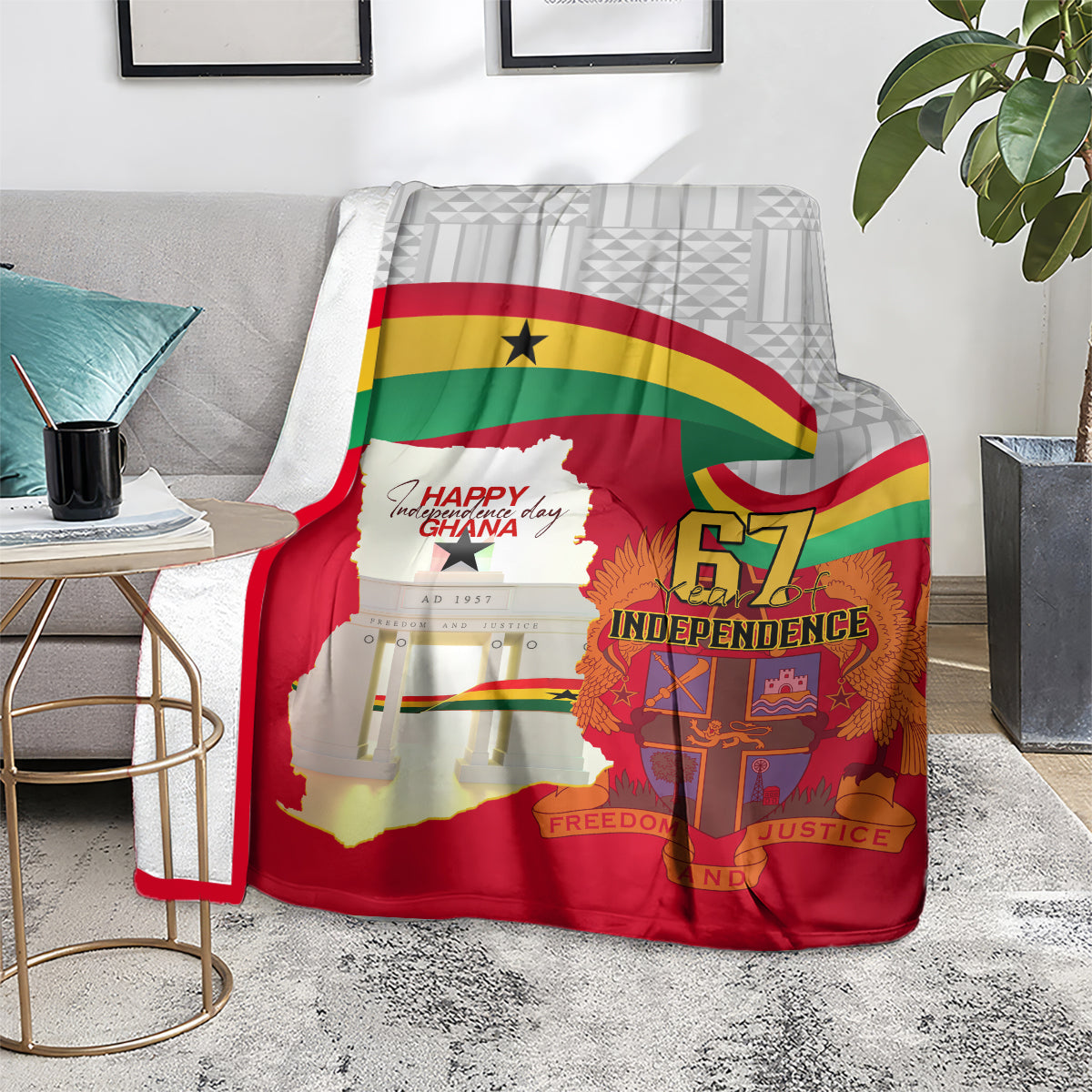 Red Ghana Independence blanket with map, flag colors, and “67 Independence” graphic