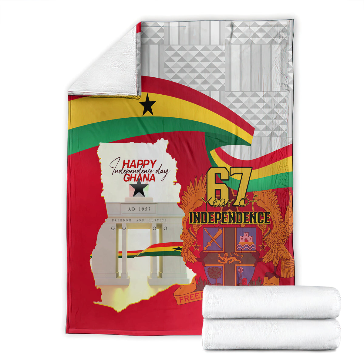 Folded red Ghana Independence blanket with Ghana map, flag colors, and “67 Independence” design