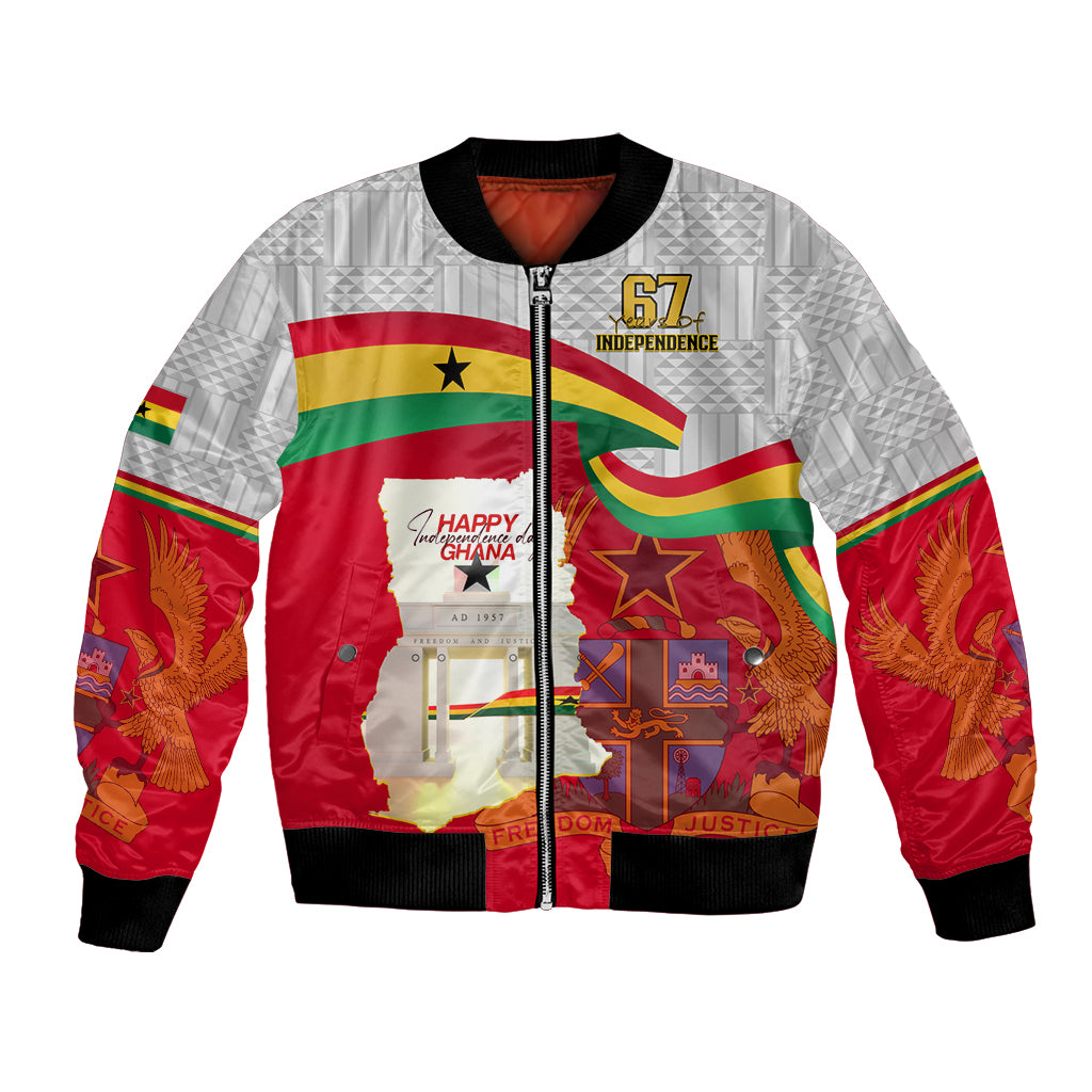 Red and gray unisex bomber jacket with Ghana flag graphic, front zipper, black rib trim