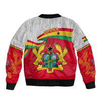 Red and gray unisex bomber jacket with Ghana coat of arms graphic, back view, black rib hem