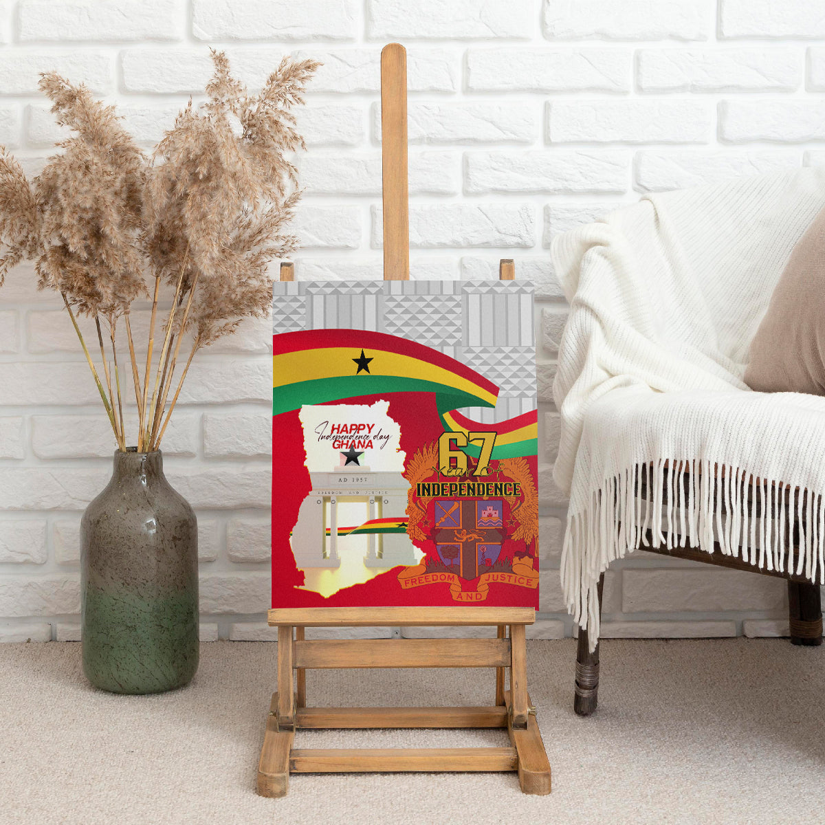 Ghana independence canvas wall art on wooden easel, flag design and 67 Independence text