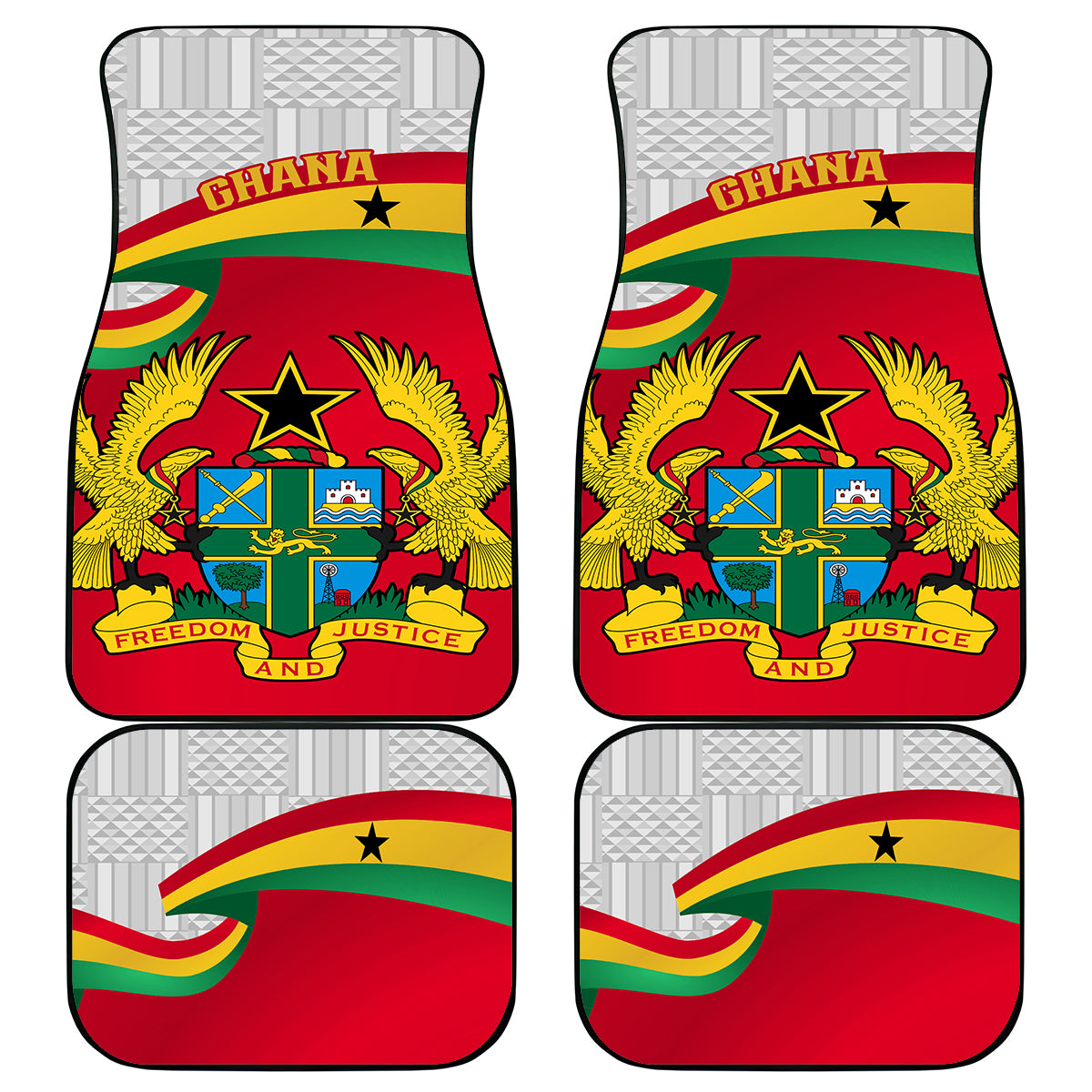 Set of four Ghana-themed car floor mats with red flag crest and text