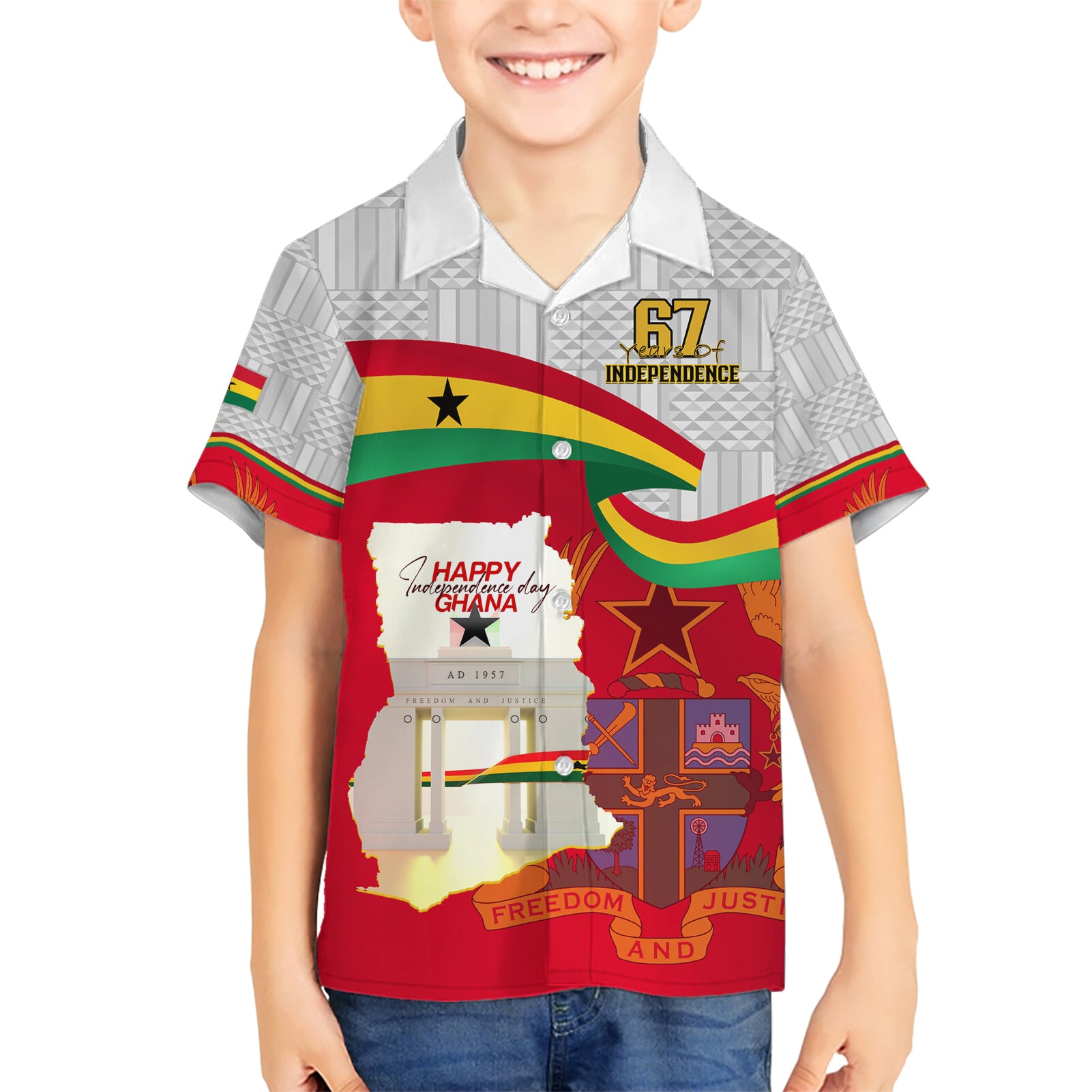 Ghana Independence Day Kid Hawaiian Shirt Gana Map Happy 67 Years Anniversary - Wonder Print Shop