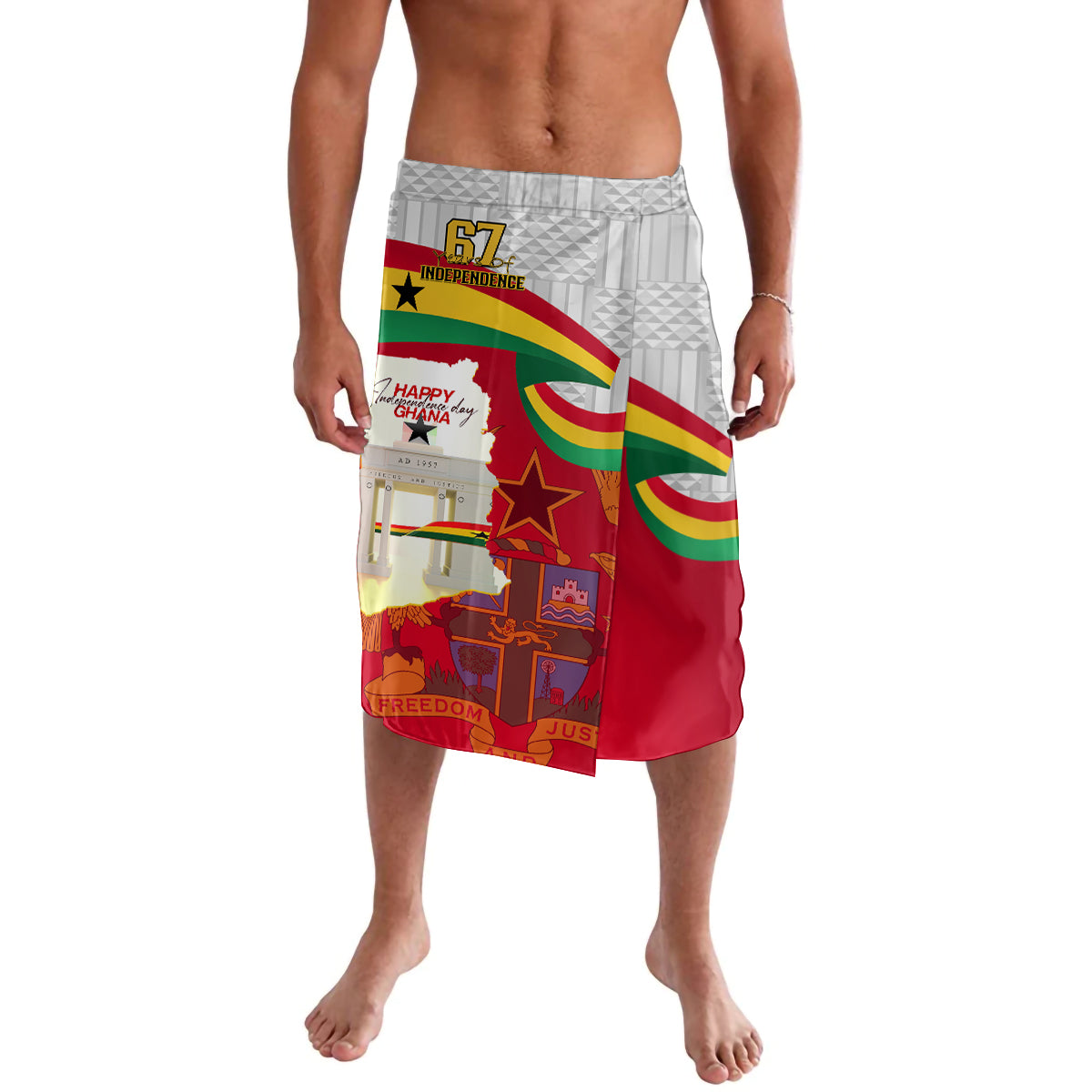 Red and gray Ghana-flag lavalava skirt with elastic waistband