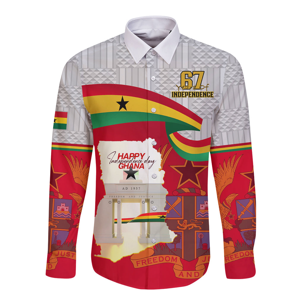 Red and white Ghana Independence long-sleeve button shirt with flag graphic