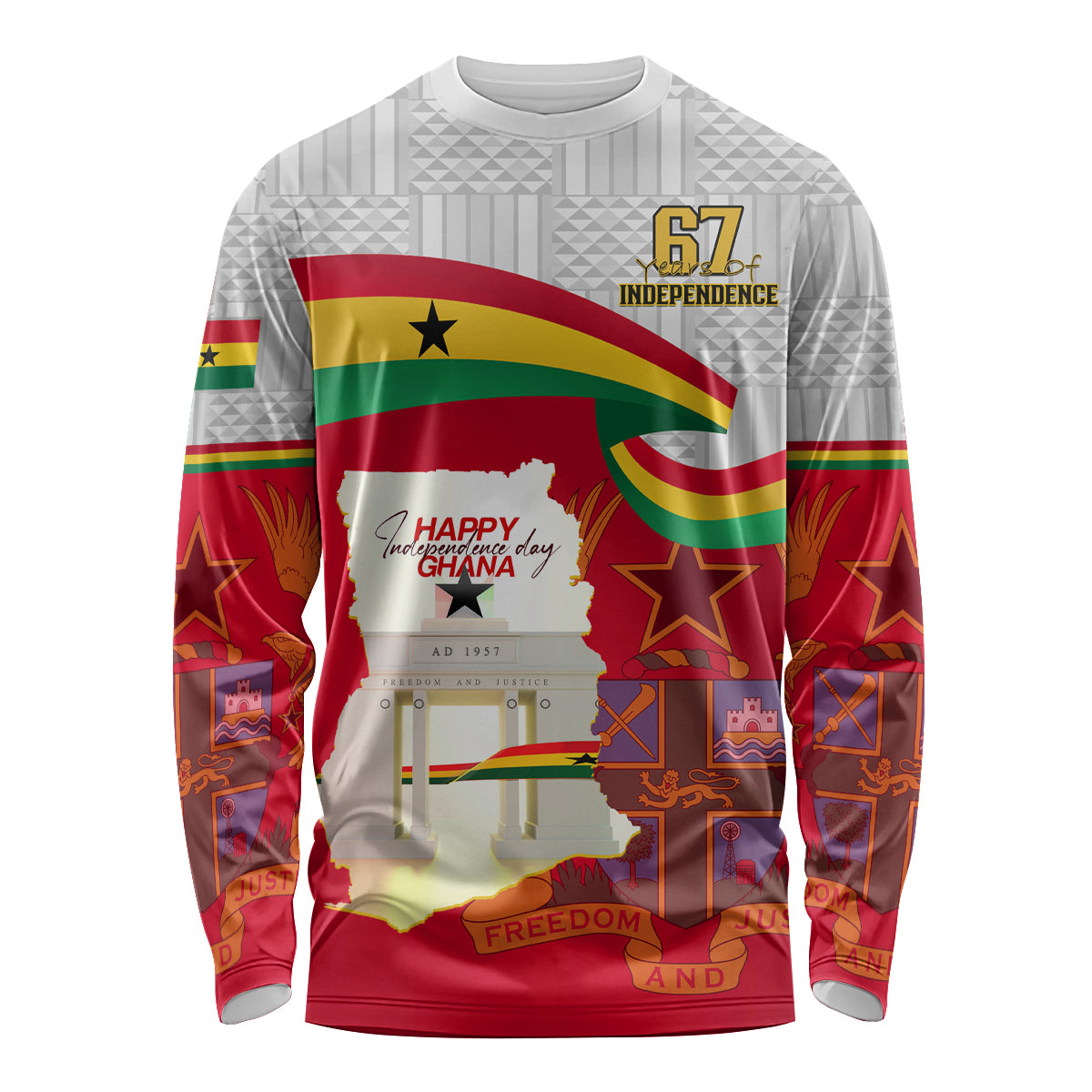 Red long-sleeve Ghana independence shirt with flag, 67 badge, Happy Ghana and Freedom