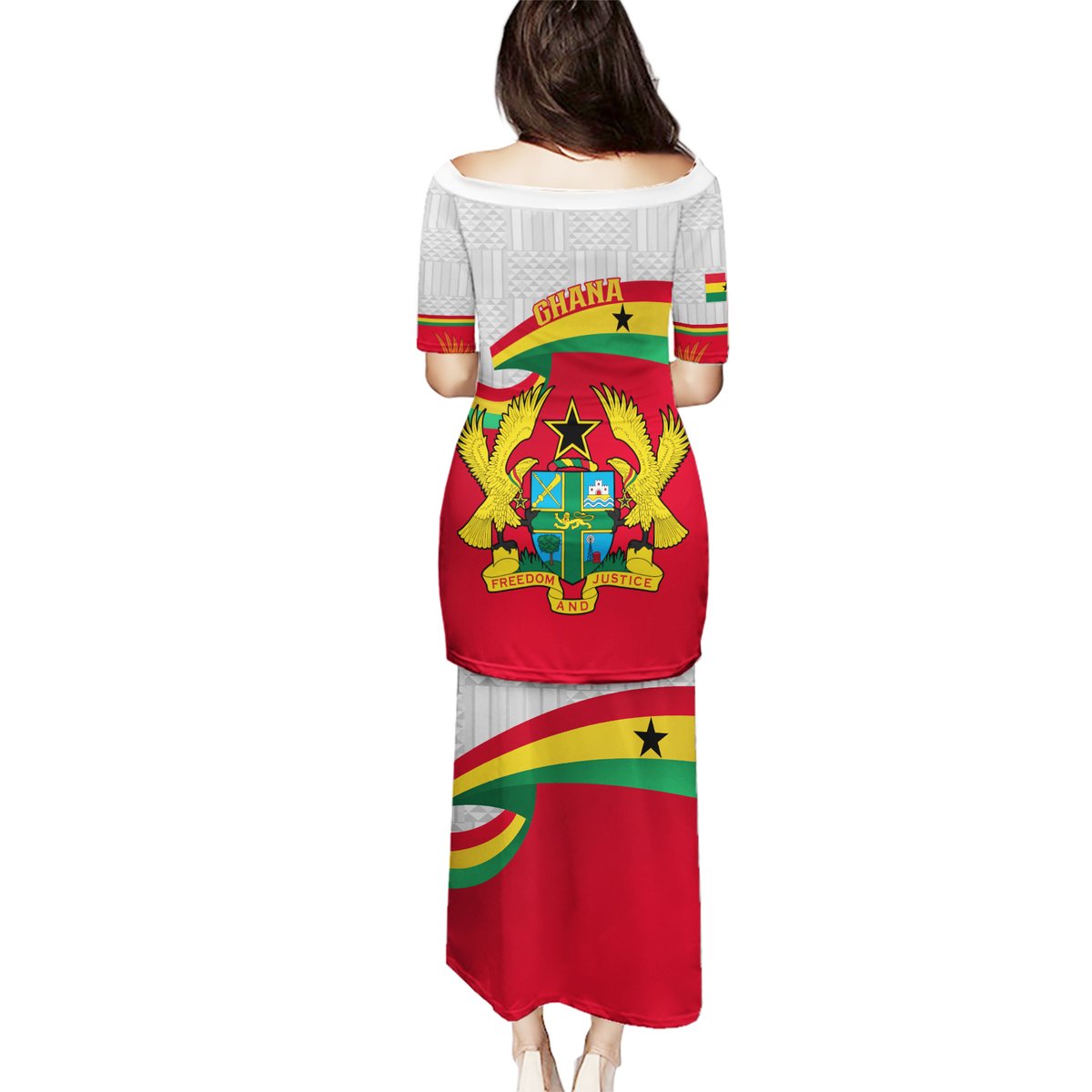 Red long dress with Ghana crest, map, and flag graphic on front and sleeves