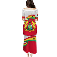 Red long dress with Ghana crest, map, and flag graphic on front and sleeves