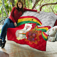 Ghana independence quilt spread on patio, white Ghana map and flag stripes with 67 emblem