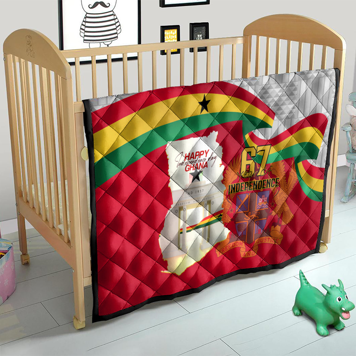 Ghana independence quilt on crib, red yellow green flag design with Ghana map center