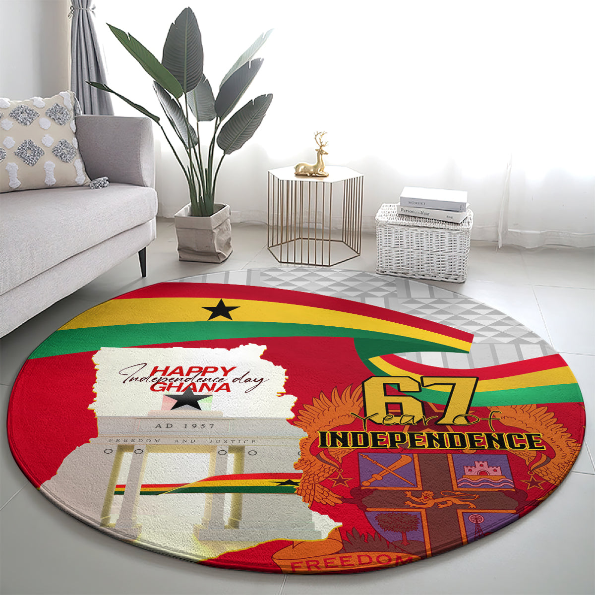 Round carpet with Ghana flag arc, black star, “Happy Ghana” and “Independence 67”