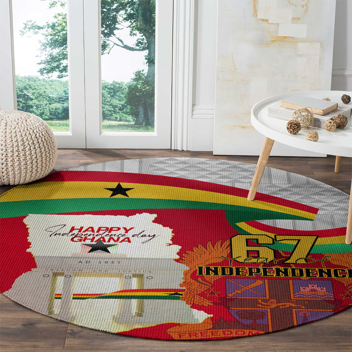 Round carpet showing Ghana map with “Happy Ghana” text and “Independence 67”