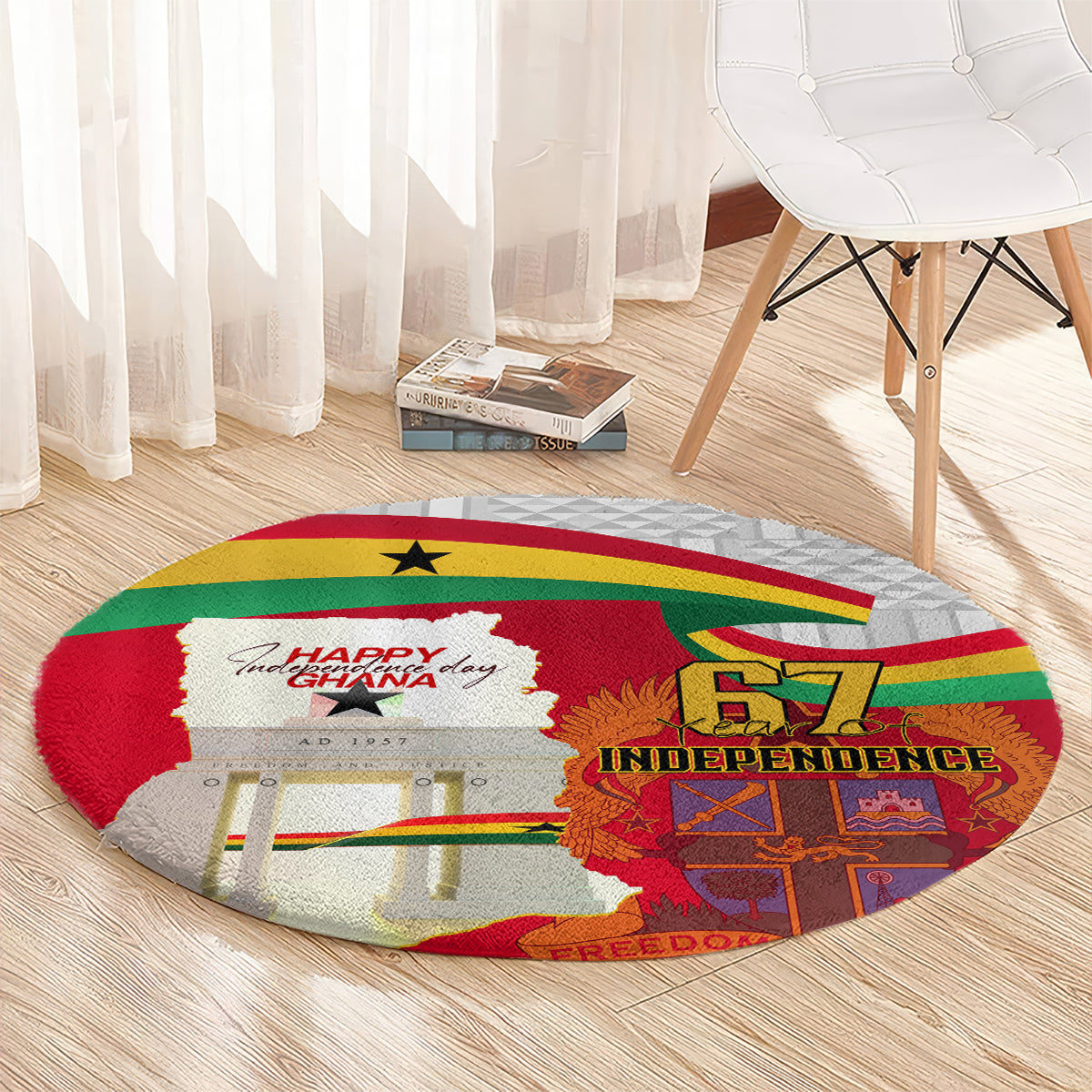Round carpet with Ghana map, “Happy Ghana” banner, and “Freedom” under “Independence 67”