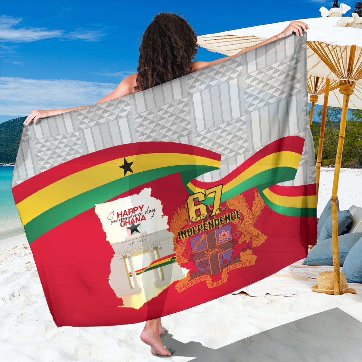 Red Ghana-themed sarong with gray map, flag stripes, 67th Independence design
