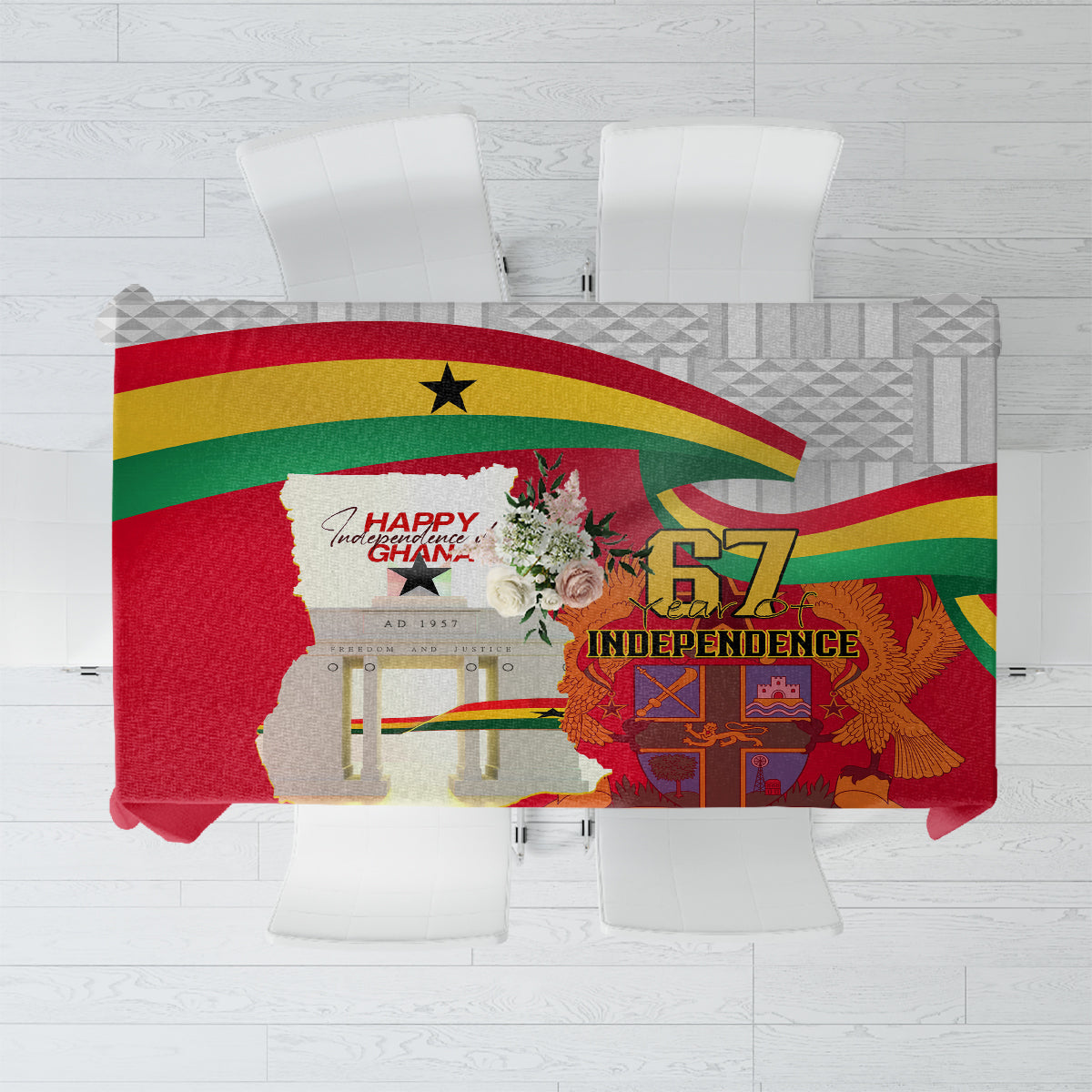 Red Ghana Independence Day tablecloth with Ghana flag design and “Happy Ghana” and “Independence”