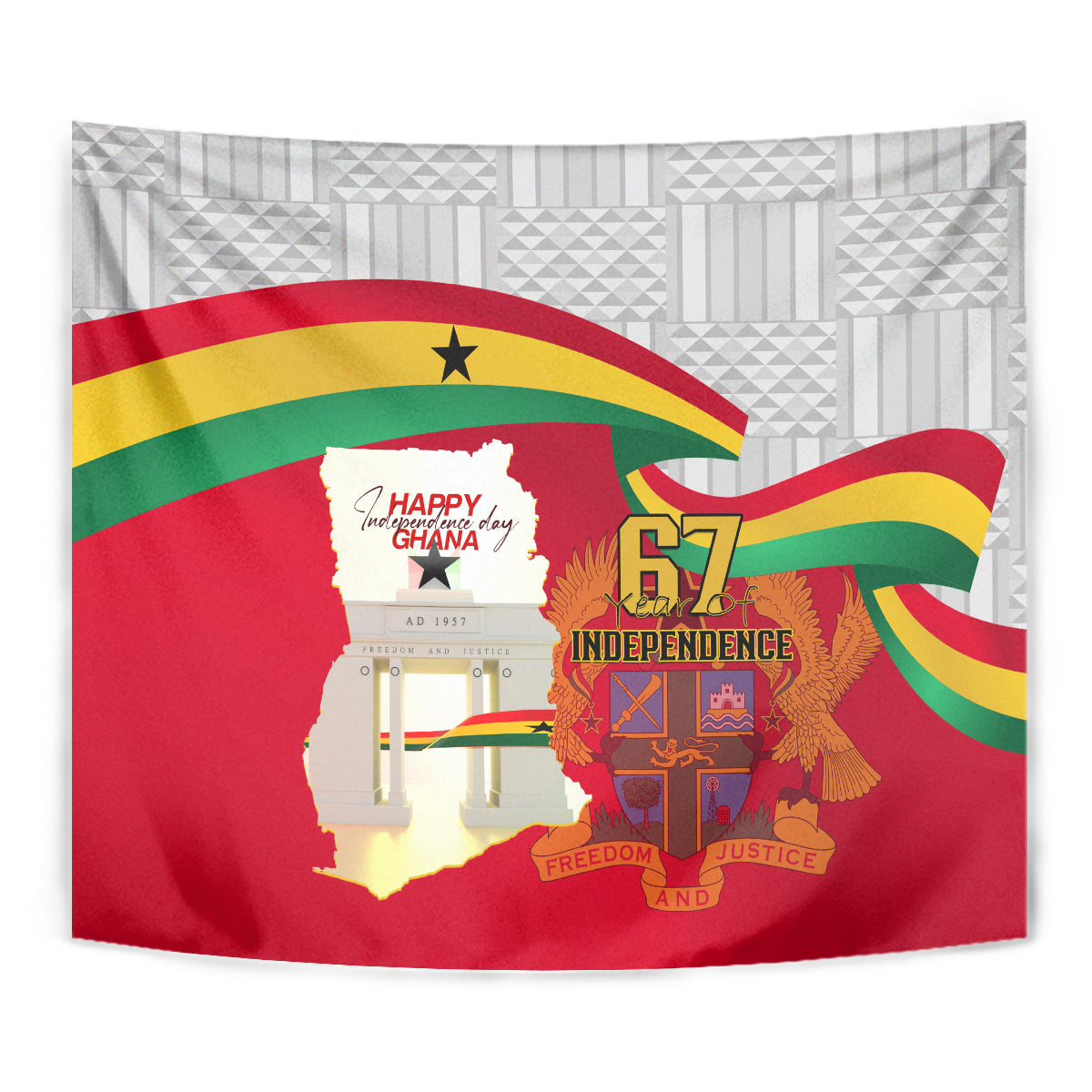 Close-up red Ghana independence tapestry with Ghana map, Happy Ghana logo, and 67 text