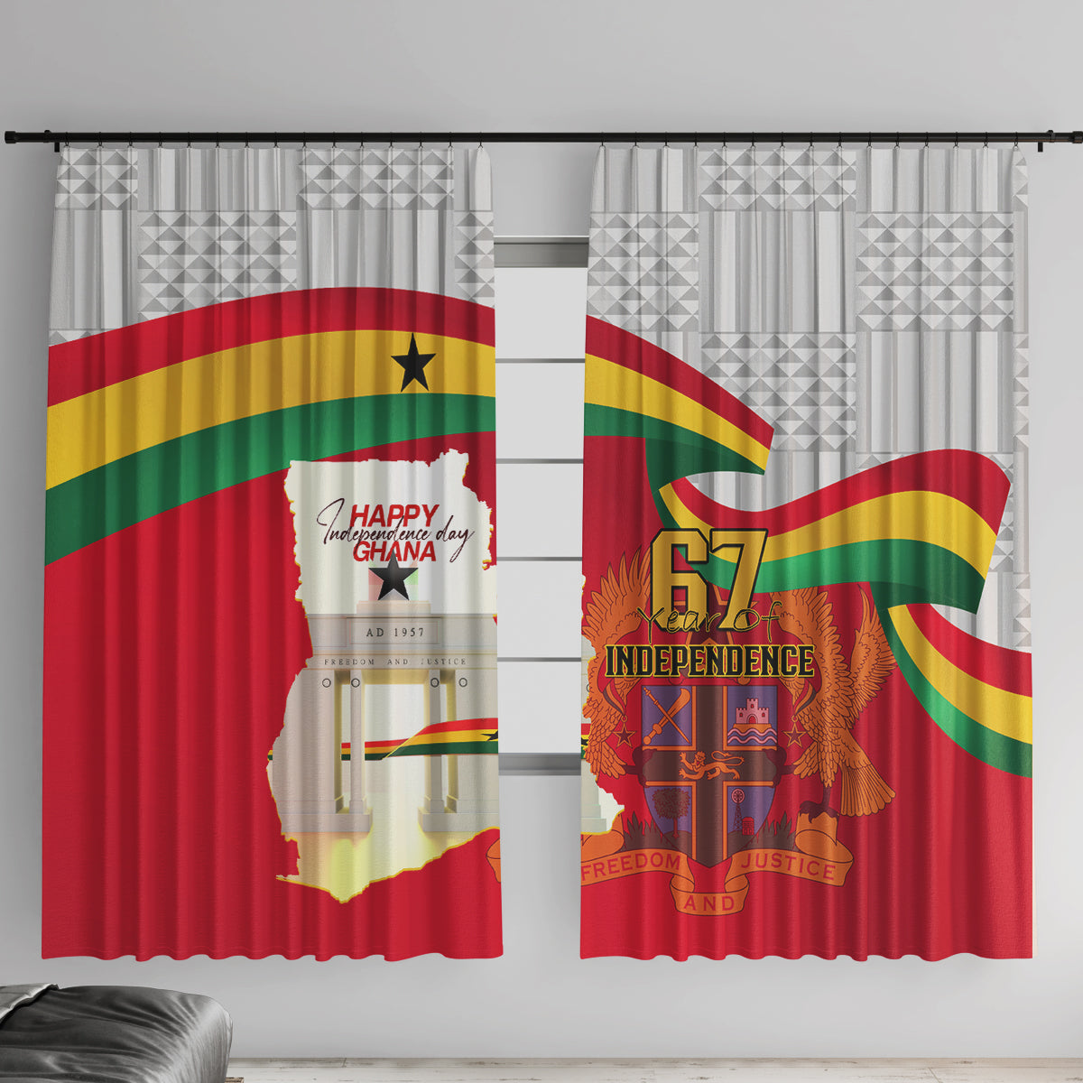 Ghana Independence Day window curtain duo showing Ghana flag map and 67 Independence artwork