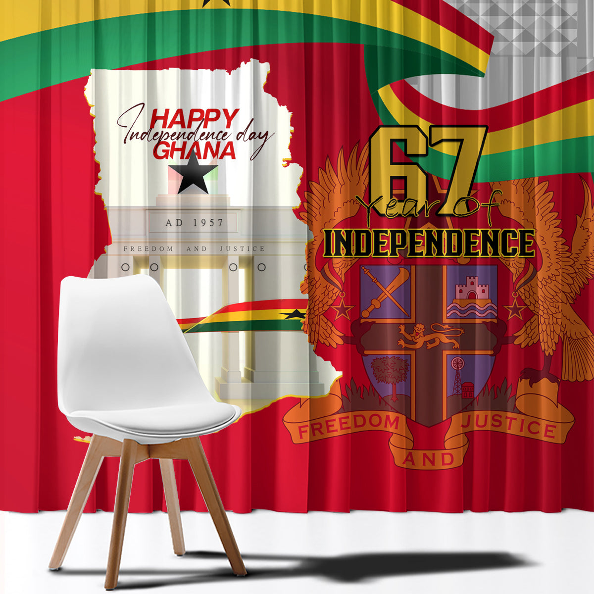 Ghana Independence Day window curtain close-up with red flag map and 67 Independence emblem