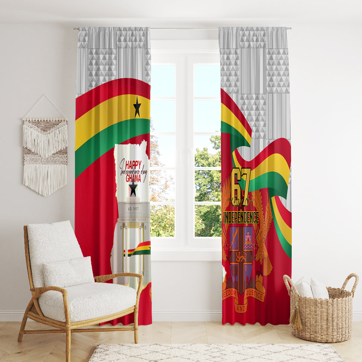 Ghana Independence Day window curtain set with red Ghana flag design and 67 Independence